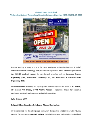 Limited Seats Available! Vellore Institute of Technology Direct Admission Open for 2025-26 (CSE, IT, ECE)