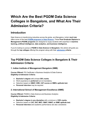 Which Are the Best PGDM Data Science Colleges in Bangalore, and What Are Their Admission Criteria