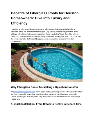 Benefits of Fiberglass Pools for Houston Homeowners