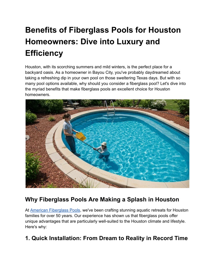 benefits of fiberglass pools for houston