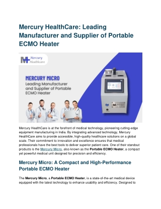 Leading Manufacturer and Supplier of Portable ECMO Heater