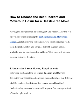 How to Choose the Best Packers and Movers in Hosur for a Hassle-Free Move
