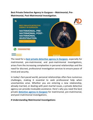 Best Private Detective Agency In Gurgaon  Matrimonial  Pre-Matrimonial Post Matrimonial Investigation