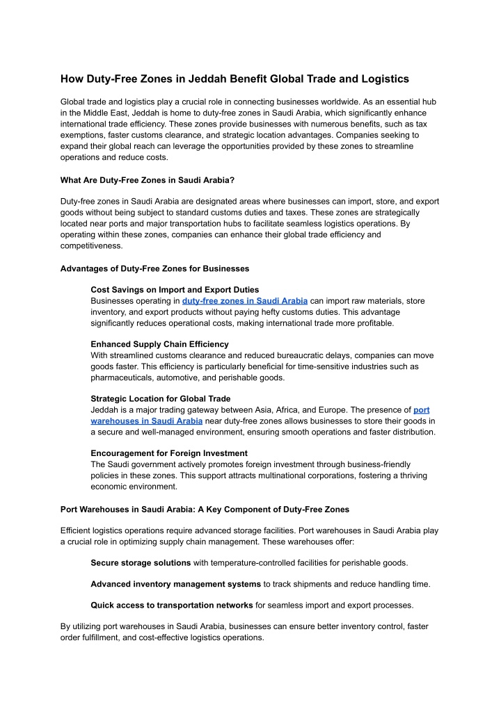 how duty free zones in jeddah benefit global