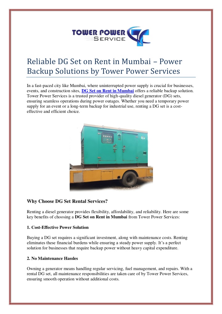 reliable dg set on rent in mumbai power backup