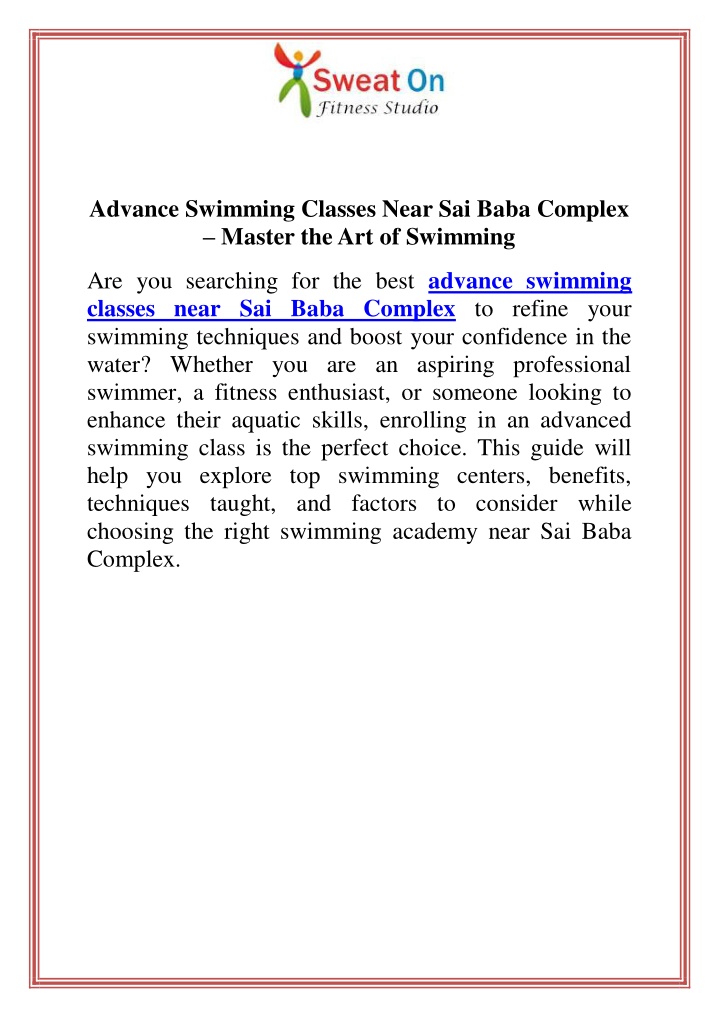 advance swimming classes near sai baba complex