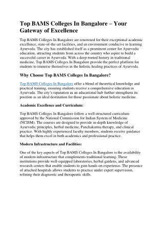 Top BAMS Colleges In Bangalore – Your Gateway of Excellence