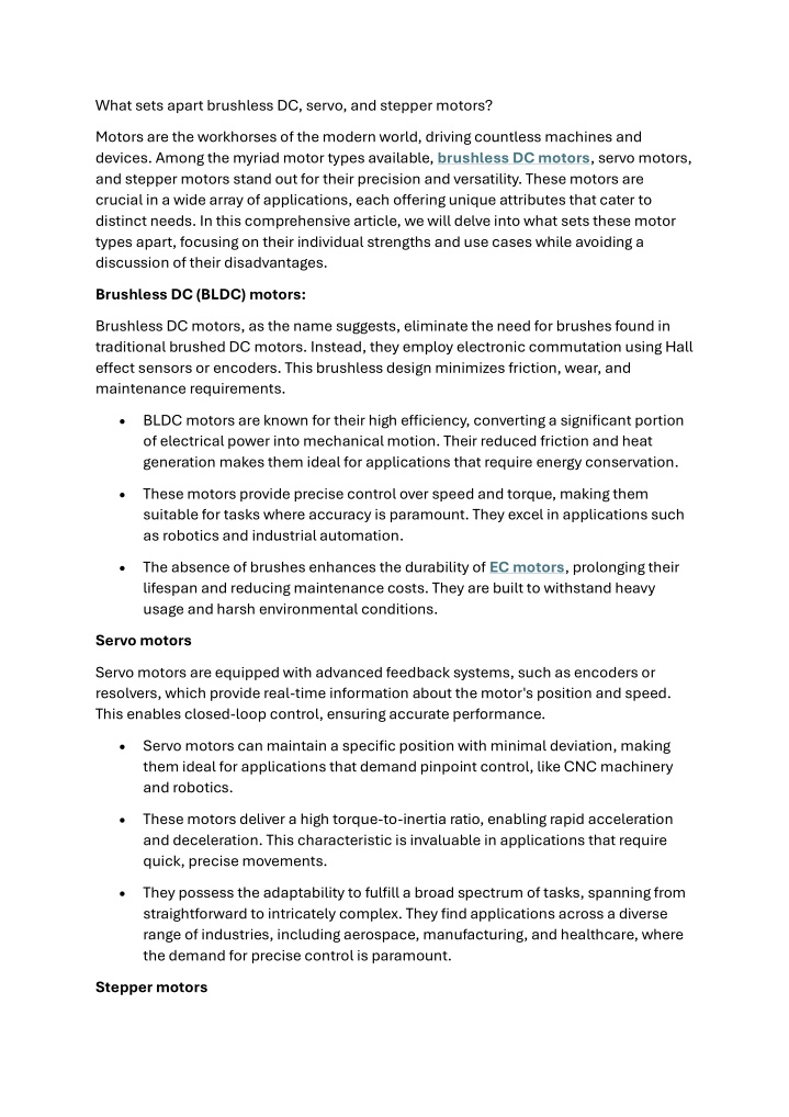 what sets apart brushless dc servo and stepper
