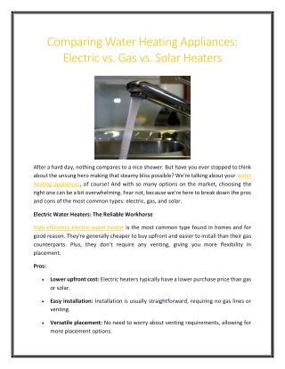 Comparing Water Heating Appliances Electric vs Gas vs Solar Heaters