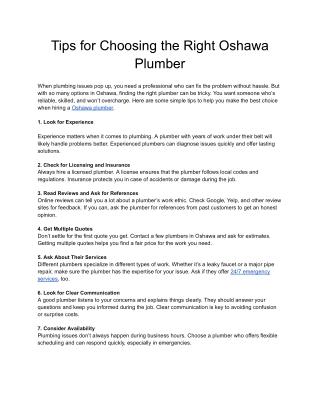 Tips for Choosing the Right Oshawa Plumber