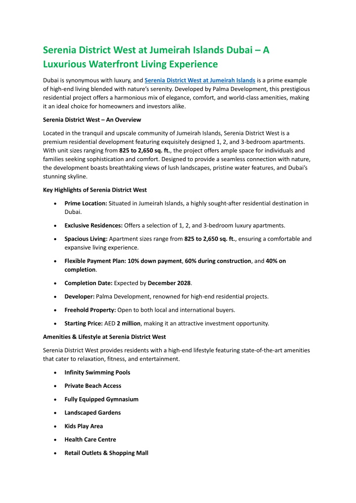 serenia district west at jumeirah islands dubai