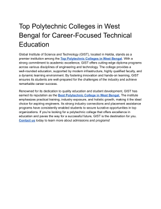 Top Polytechnic Colleges in West Bengal for Career-Focused Technical Education