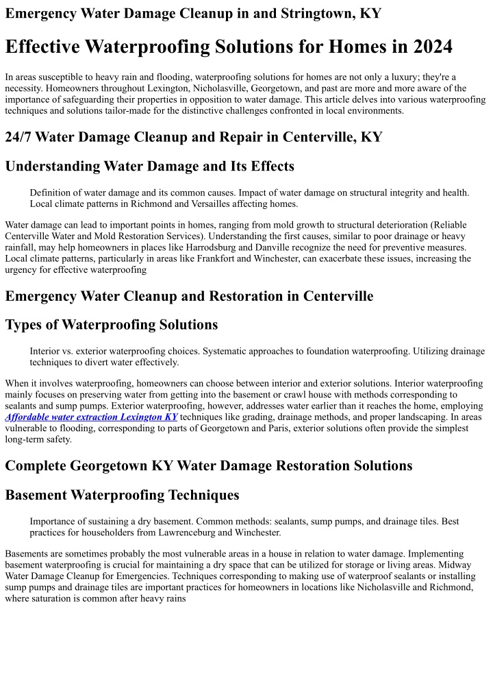 emergency water damage cleanup in and stringtown