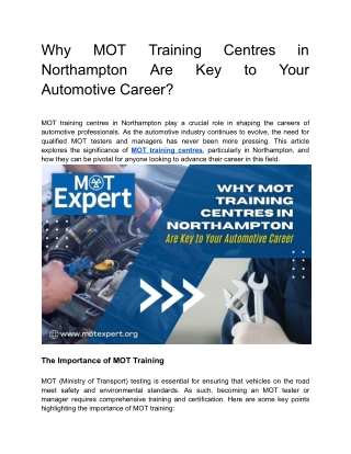 Why MOT Training Centres in Northampton Are Key to Your Automotive Career