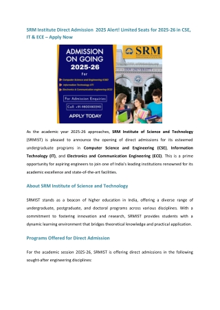 SRM Institute Direct Admission Alert! Limited Seats for 2025-26 in CSE, IT & ECE – Apply Now