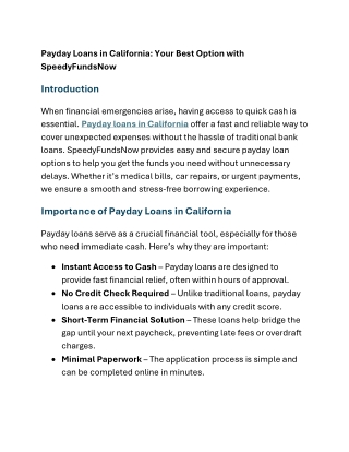Payday Loans in California Your Best Option with SpeedyFundsNow