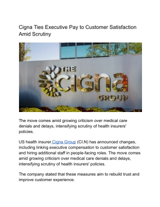 Cigna Ties Executive Pay to Customer Satisfaction Amid Scrutiny