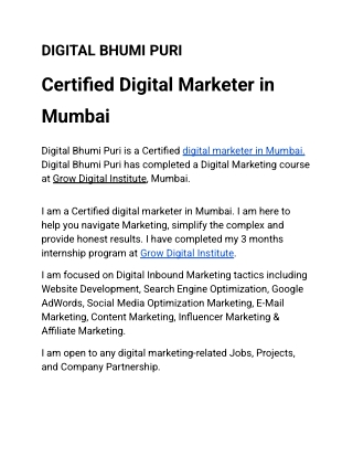 Digital Bhumi Puri  Certified Digital Marketer in Mumbai