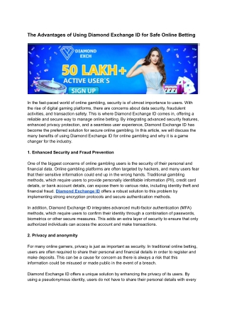 The Advantages of Using Diamond Exchange ID for Safe Online Betting