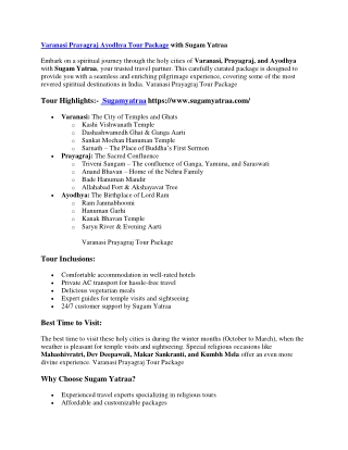 Varanasi Prayagraj Ayodhya Tour Package with Sugam Yatraa
