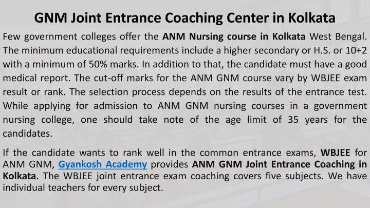 gnm joint entrance coaching center in kolkata