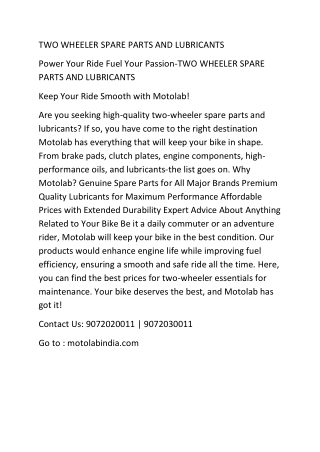 two wheeler spare parts and lubricants