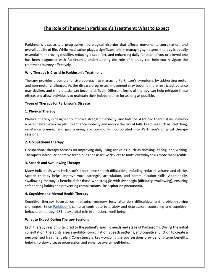 the role of therapy in parkinson s treatment what