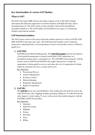 Key functionalities of various SAP Modules