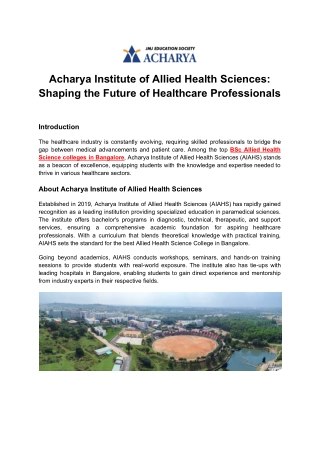 Acharya Institute of Allied Health Sciences – Shaping Future Healthcare Professi
