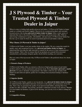 J S Plywood & Timber – Your Trusted Plywood & Timber Dealer in Jaipur