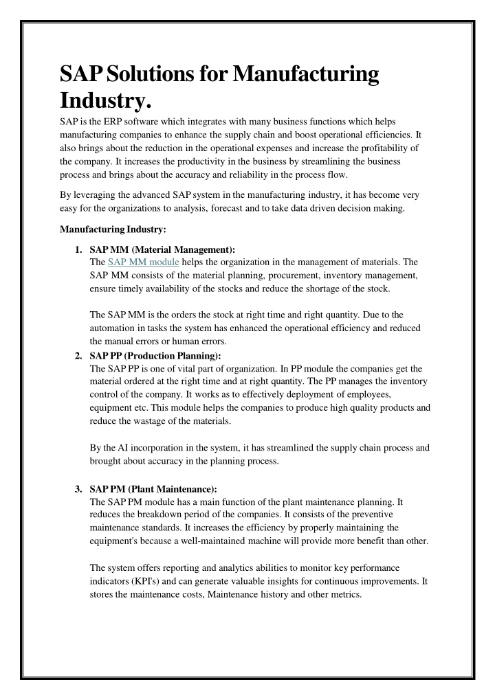 sap solutions for manufacturing industry