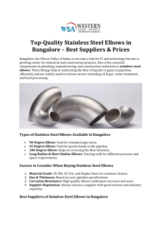 Top-Quality Stainless Steel Elbows in Bangalore – Best Suppliers And Prices