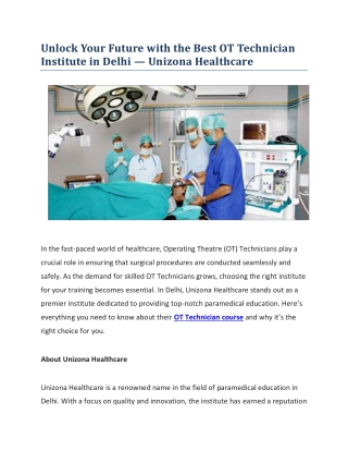 Unlock Your Future with the Best OT Technician Institute in Delhi — Unizona Healthcare