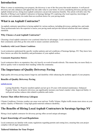 The Benefits of Hiring Local Asphalt Contractors in Saratoga Springs NY