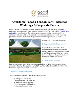 Affordable Pagoda Tent on Rent – Ideal for Weddings And Corporate Events