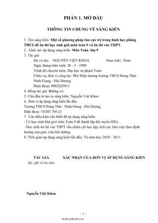 Sáng kiến kinh nghiệm Một số phương pháp tìm cực trị trong hình học phẳng THCS