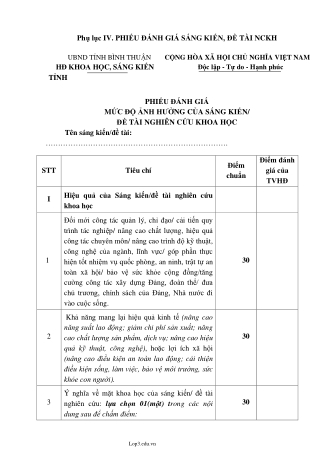 Phiếu chấm sáng kiến kinh nghiệm đề tài khoa học