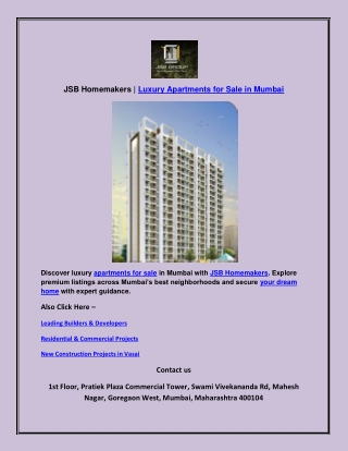 JSB Homemakers | Luxury Apartments for Sale in Mumbai