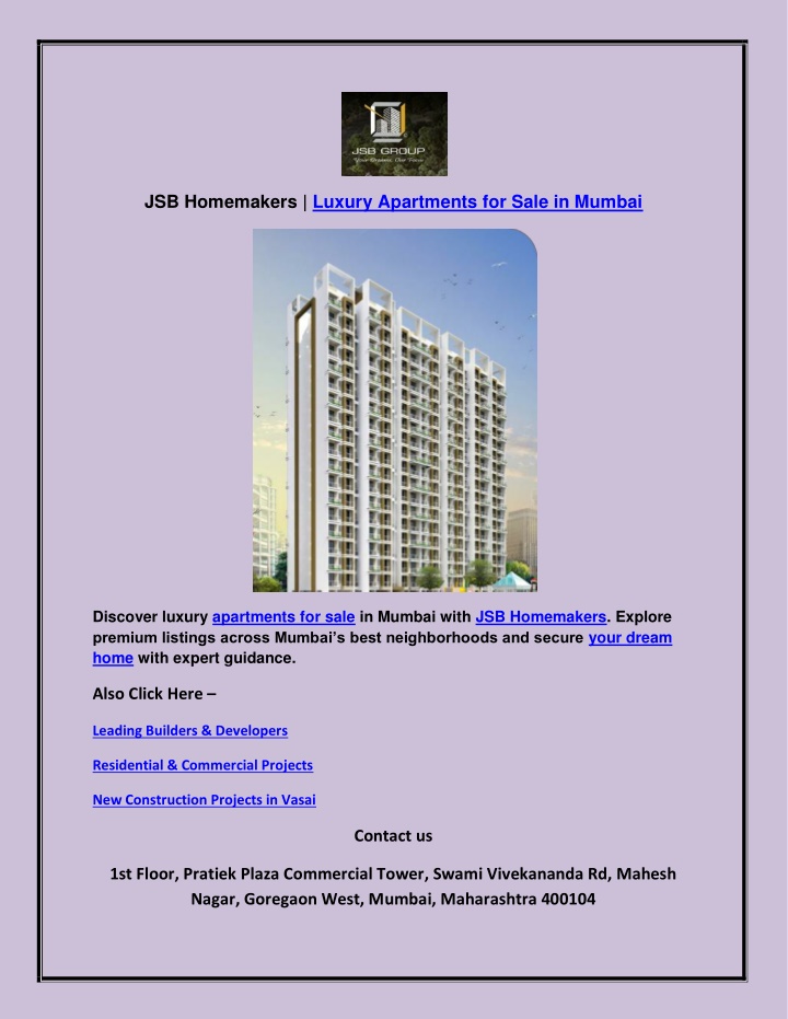 jsb homemakers luxury apartments for sale