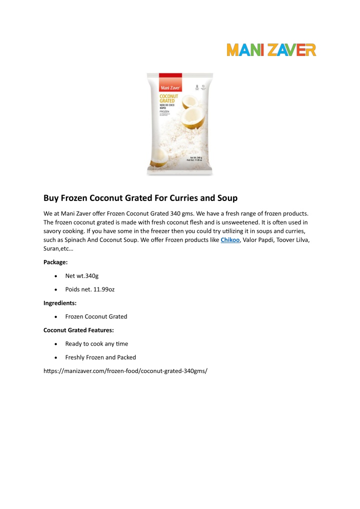 buy frozen coconut grated for curries and soup