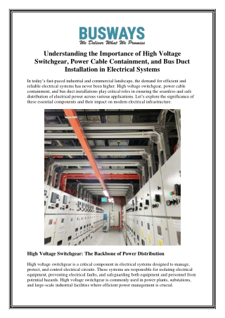 Understanding the Importance of High Voltage Switchgear, Power Cable Containment, and Bus Duct Installation in Electrica