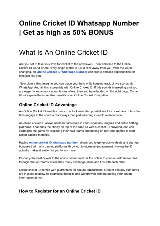 Online Cricket ID Whatsapp Number|Get as high as 50% BONUS