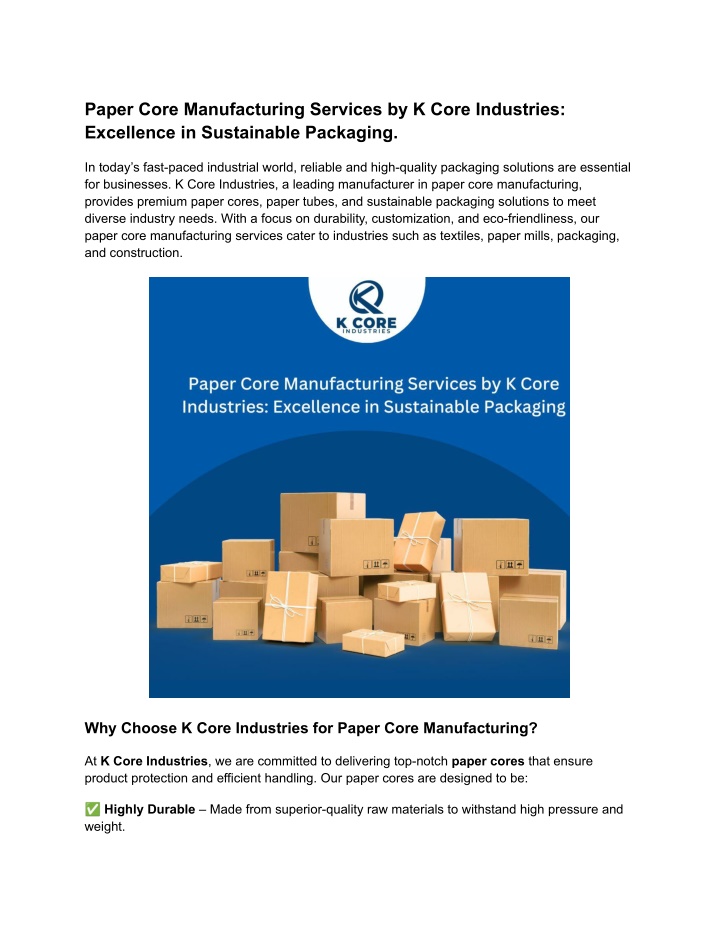 paper core manufacturing services by k core