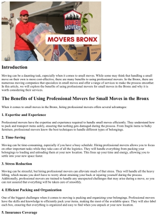 The Benefits of Using Professional Movers for Small Moves in the Bronx