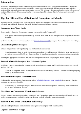 Tips for Efficient Use of Residential Dumpsters in Orlando