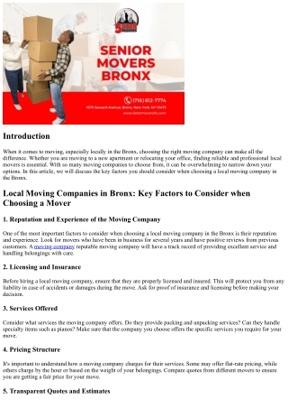 Local Moving Companies in Bronx: Key Factors to Consider when Choosing a Mover