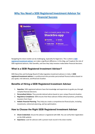 Why You Need a SEBI Registered Investment Advisor for Financial Success - StockGro