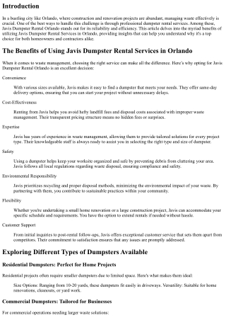 The Benefits of Using Javis Dumpster Rental Services in Orlando