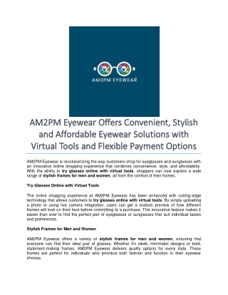 AM2PM Eyewear Offers Convenient, Stylish and Affordable Eyewear Solutions with Virtual Tools and Flexible Payment Option