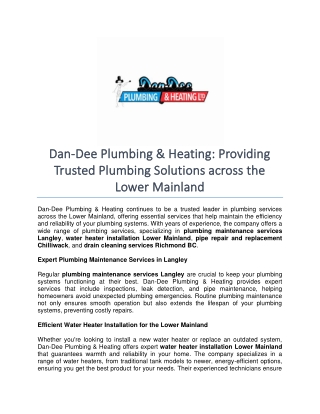 Dan-Dee Plumbing & Heating- Providing Trusted Plumbing Solutions across the Lower Mainland